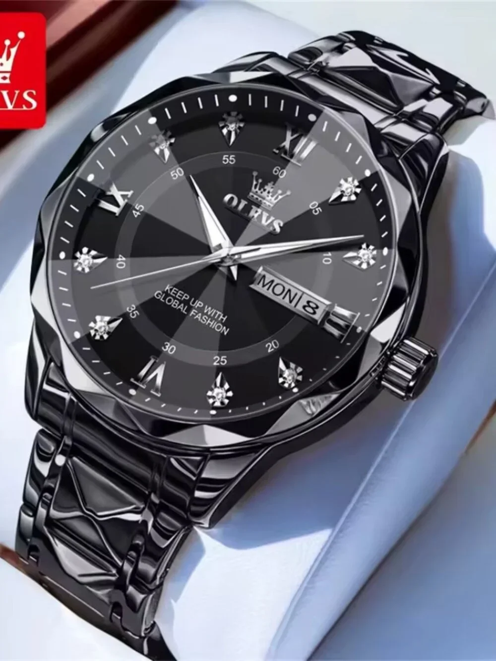 OLEVS Men's Luxury Quartz Watch Black /BK Stainless Steel Waterproof Roman Dial